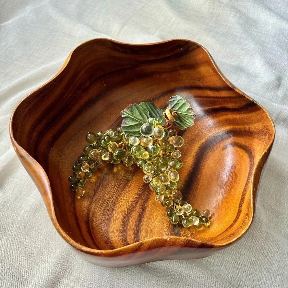 Vintage Extra Large Hexagon Scalloped Edge Carved Wooden Bowl
